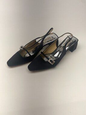 Badgley Mischka Womens Buena Slingback Crystal Buckle Black Satin Sz 9.5